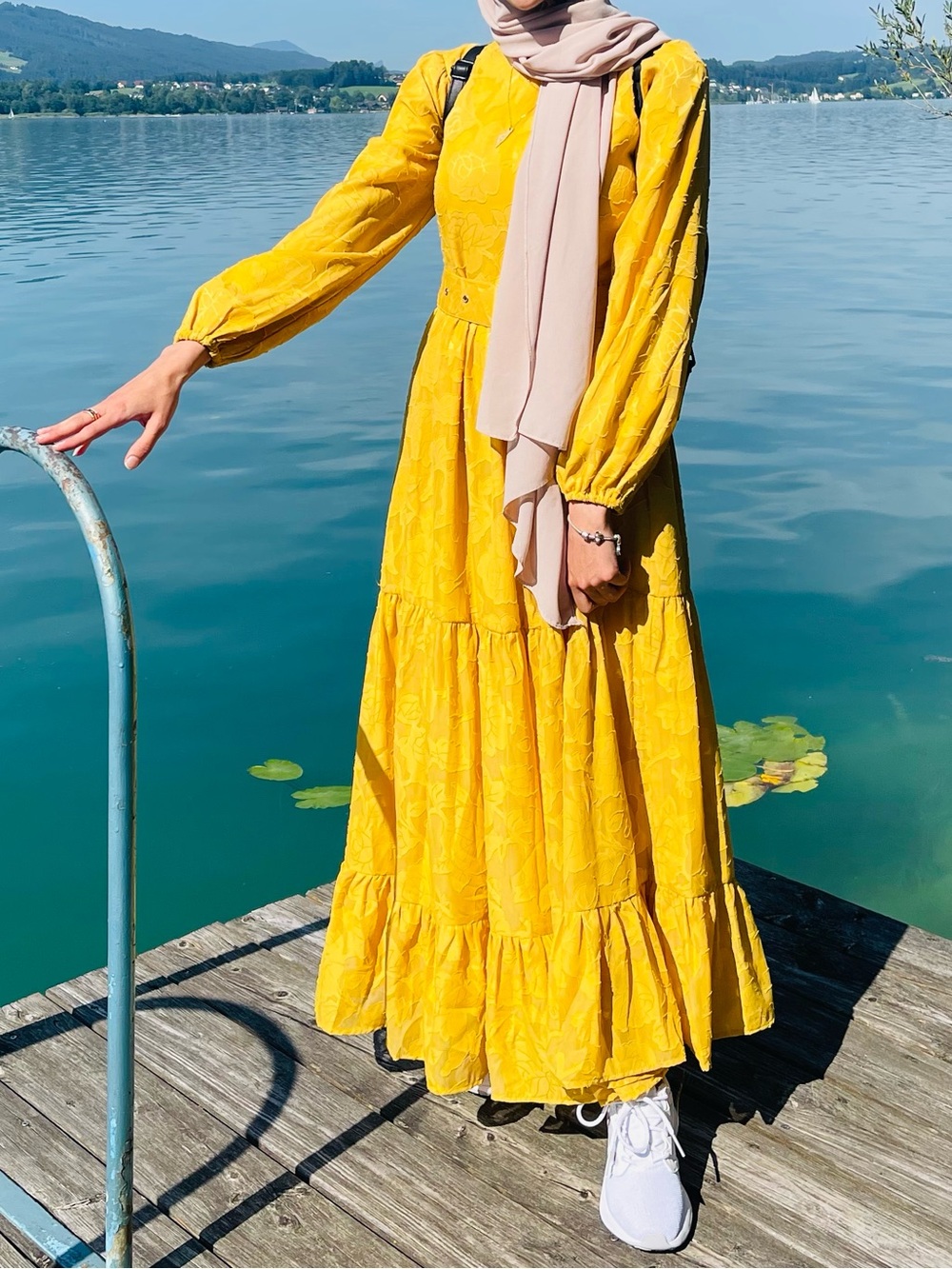 LaMeera Mustard Yellow Long Sleeve Tiered Maxi Hijab Dress